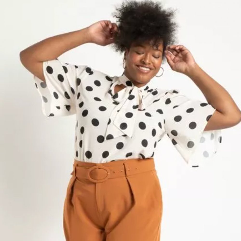 ELOQUII Polka Dot Blouse Flutter Sleeve